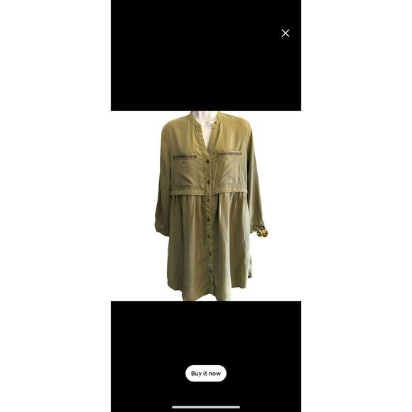 Zara Women's Army Green Tencel Denim Dress Size S Beaded Accent Adjustable Sleev - Picture 1 of 7
